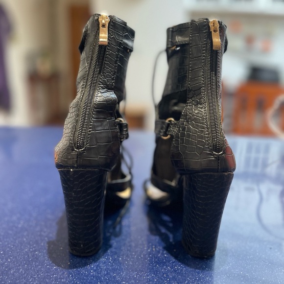 SIMMI black lace up  Cutout Chunky Heeled Sandals Croc print faux Leather - Picture 4 of 5